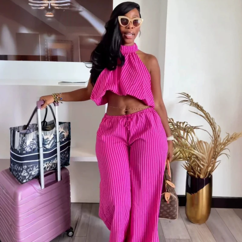 Elegant African Fashion Casual Women Summer Two Piece Set Striped Printed Sleeveless Crop Top Vest And Pants Set Outfits