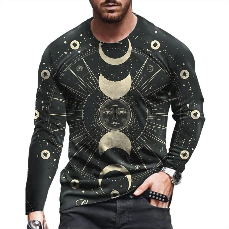 

Sun And Moon Mysterious Prints Men Long Sleeve T-shirt Trend Streetwear Round Neck Personality T Shirts Autumn Casual Y2k Top