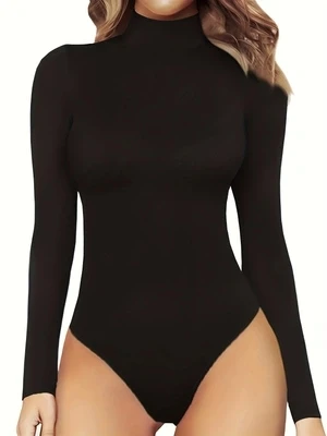 

Women Pure color High Neck Long Sleeve Spring/Summer Daily Underwear Basic Layering Tummy Control Bodysuit