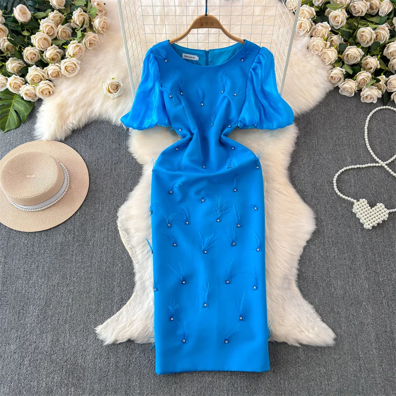 

Luxury Wedding Party Bubble Sleeves Round Neck Mid Length Dress Mother's Elegant Feather Fringe Wrapped Hip Evening Dresses