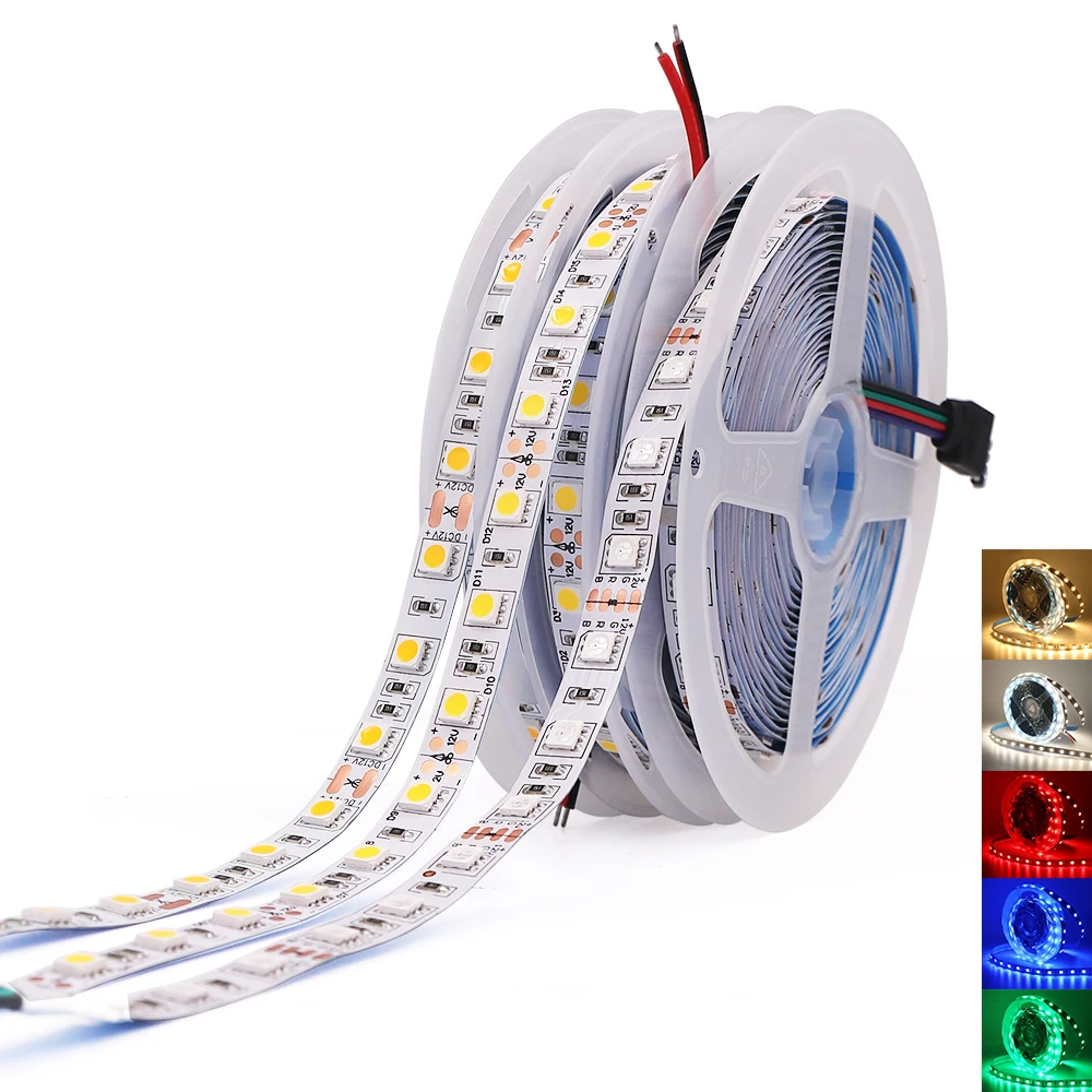 5m High Bright RGB LED Strip Light 12V 5050 60LEDs/m Flexible LED Tape Neutral White Epistar Chip Non waterproof LED Ribbon
