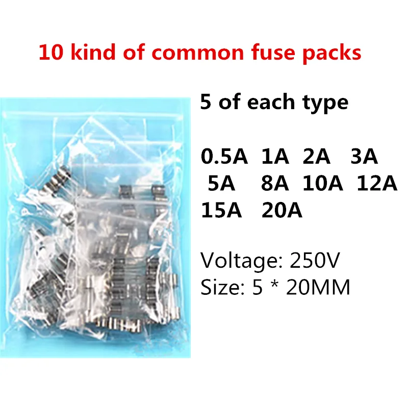 

10 kind of common fuse packs 0.5A/1A/2A/3A5A/8A/10A/12A/15A/20A 250V 5*20MM