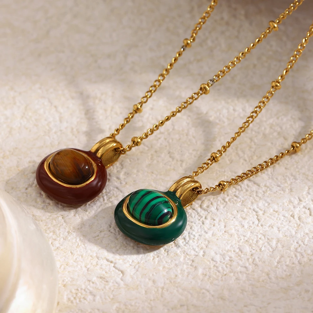 E.B.belle Enamel Framed Natural Stone Pendant Necklace 18K Gold Plated Stainless Steel Chain Hypoallergenic Women Jewelry Gift