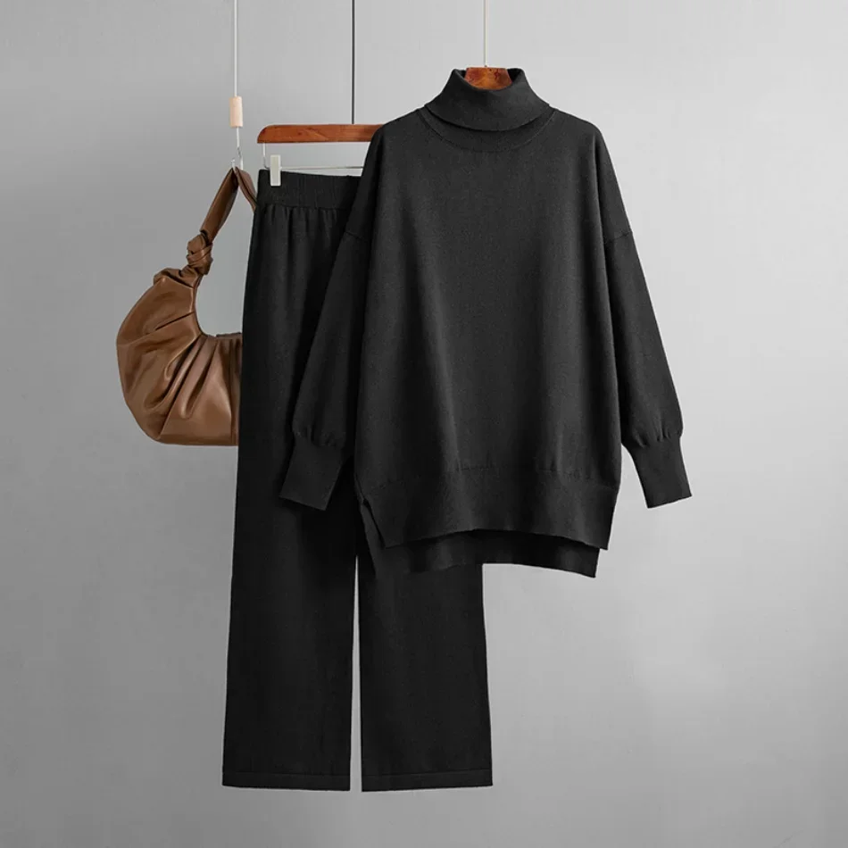 Women's Two Piece Set Autumn Winter High Collar Slit Knitted Sweater Pullover Fashion Casual Loose High Waist Pant Ensemble