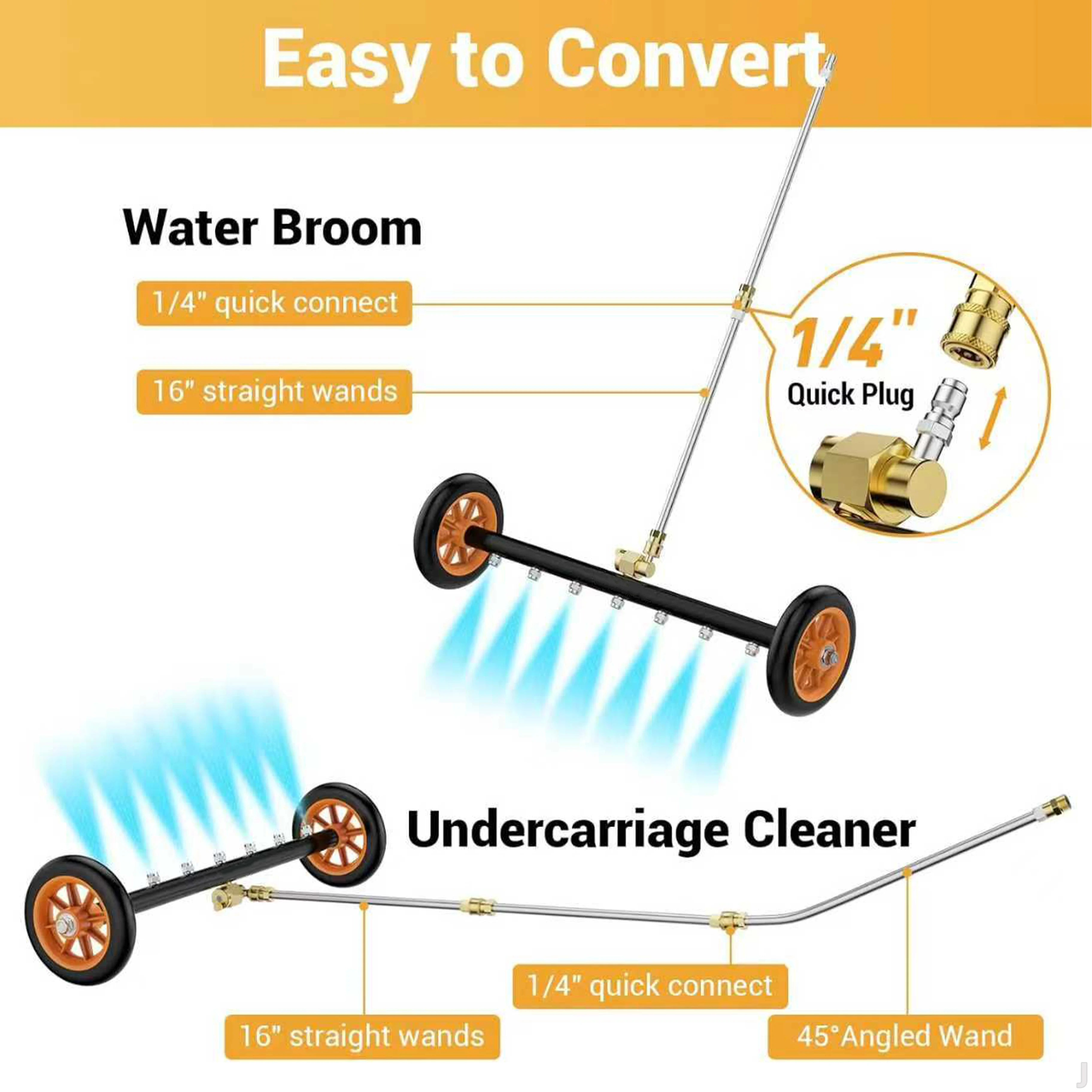 2-in-1 Undercarriage Pressure Washer Attachment 24-Inch Water Broom 7 Nozzles 3-Piece Extension Wand 4000 PSI Orange