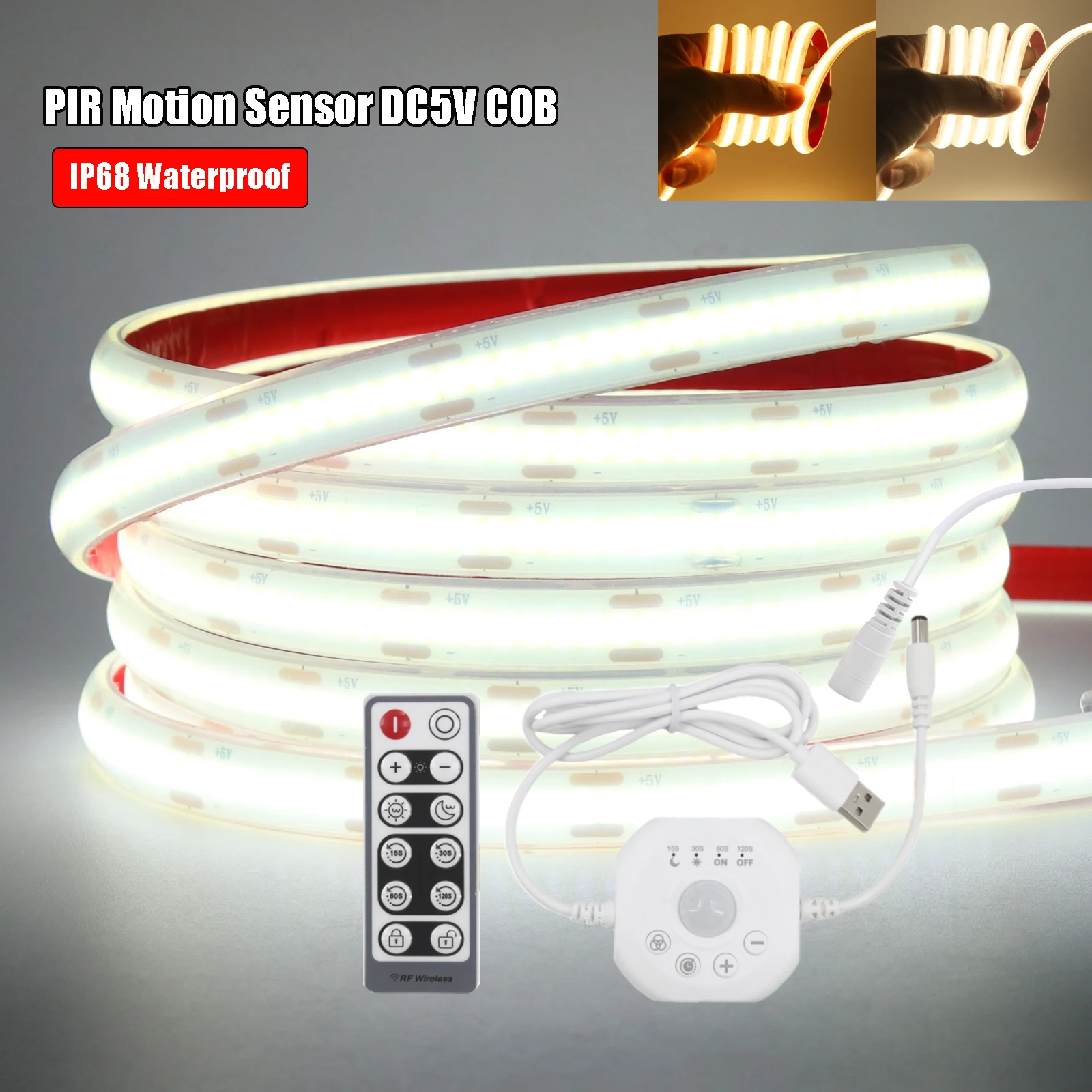 DC5V IP68 مقاوم للماء COB LED قطاع مع PIR محس حركة باهتة التحكم عن بعد 320 المصابيح/م عالية الكثافة شريط مرن الشريط #2