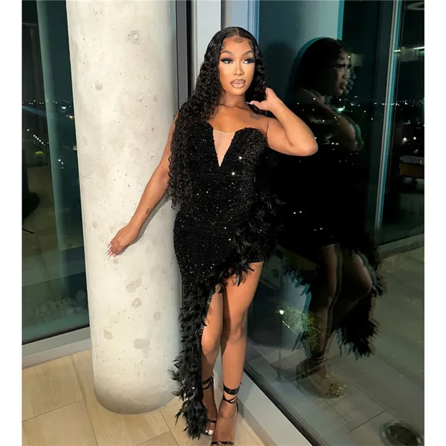 Passion Goddess Black Summer Women Strapless Sleeveless Bodycon Sexy Glam Sequins Dress Feather Irregular Bling Long