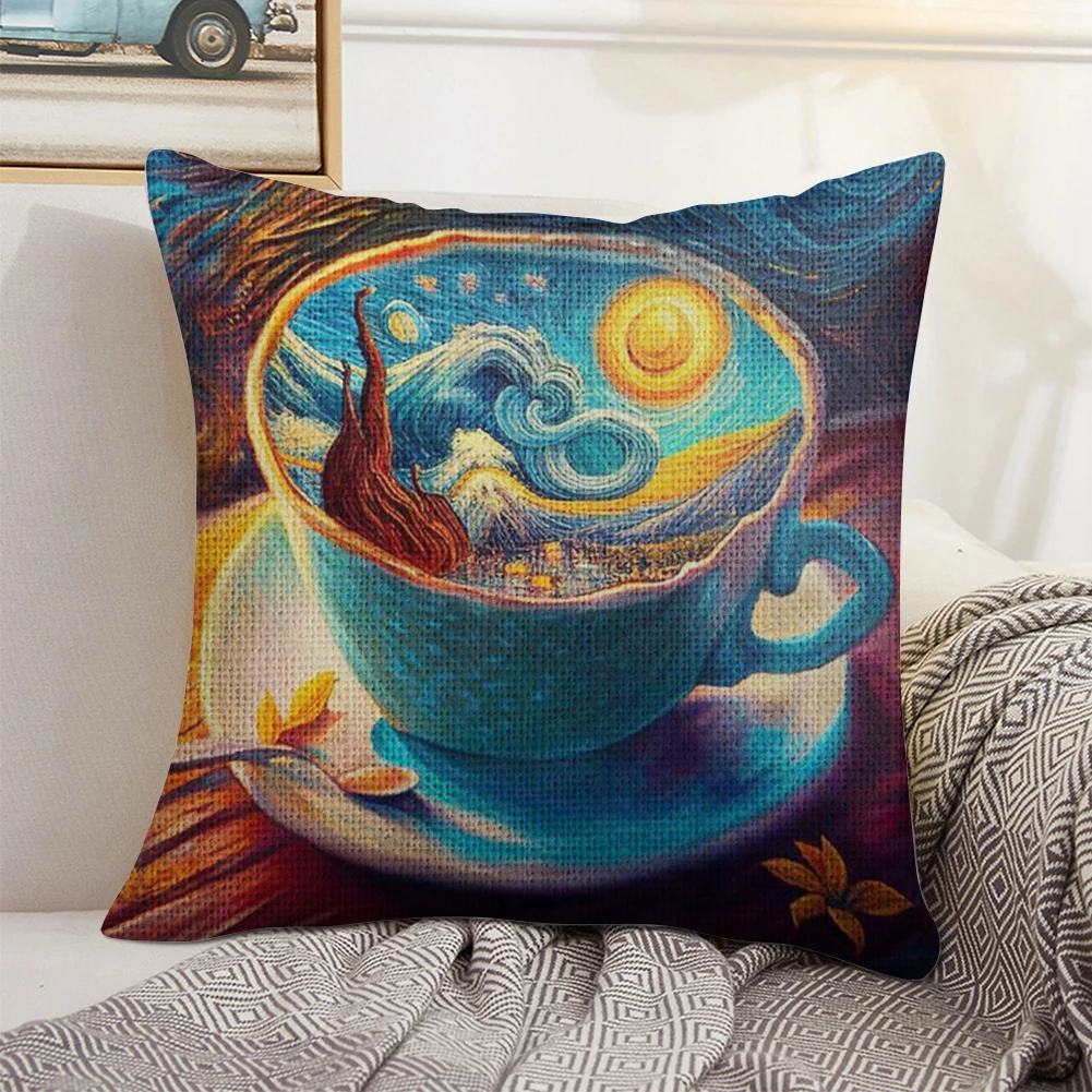 Kit de funda de cojín bordado con taza de café, cielo estrellado, hilo de algodón ecológico de 11CT, 45x45cm, Kit de fabricación de almohadas de punto de cruz, suministros de costura