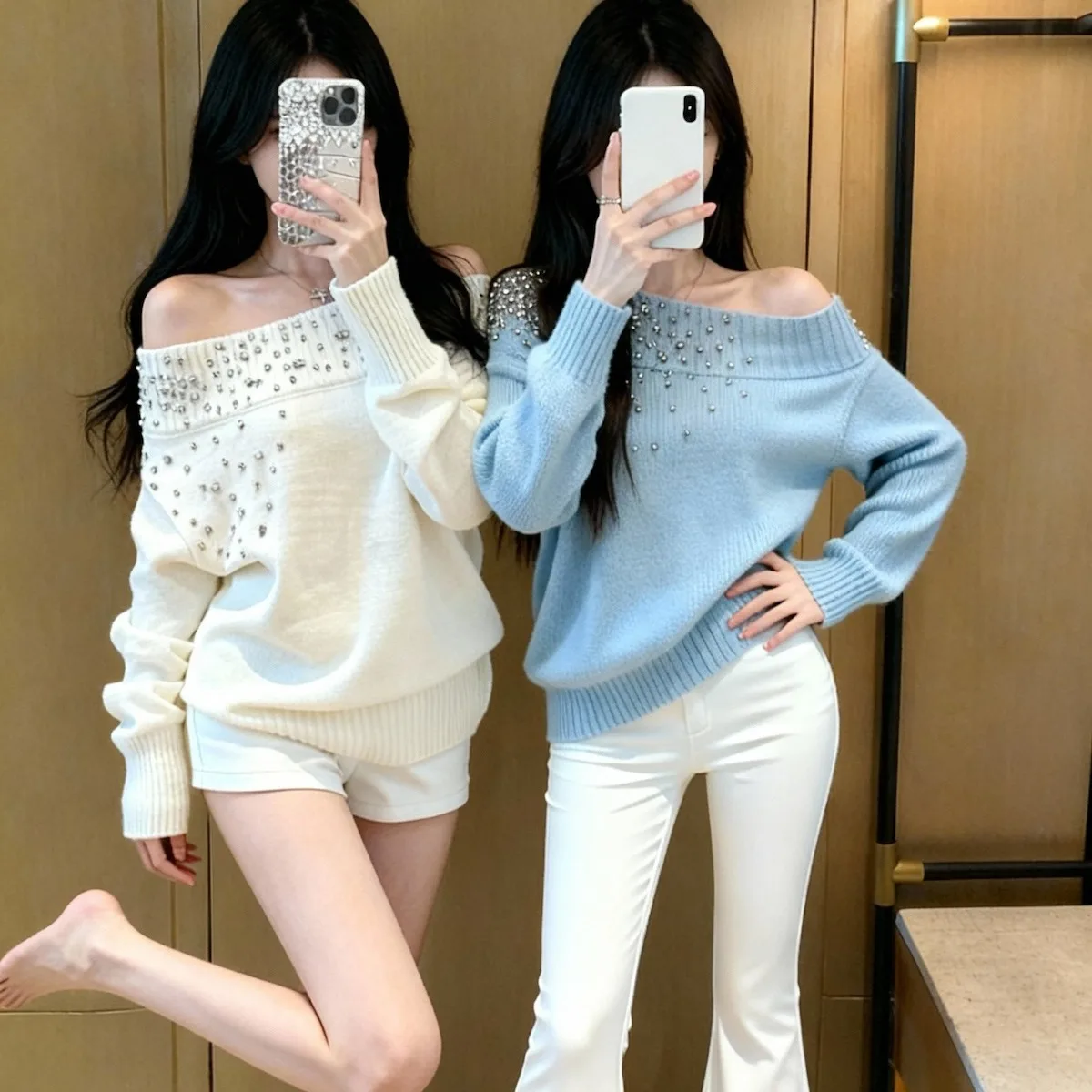 

Women's Knitted One-oulder Sweater Diamond Embellied Inner Wear Autumn Winter Faion Layering Top Long Sve Regular Le...