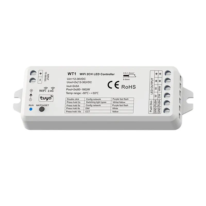 【Shop Now】4X TUYA Wifi WT1 LED Smart Dimmer 2CH 12V 24V 36V CCT LED Strip Dimming Controller Kit 2.4G Remote Control