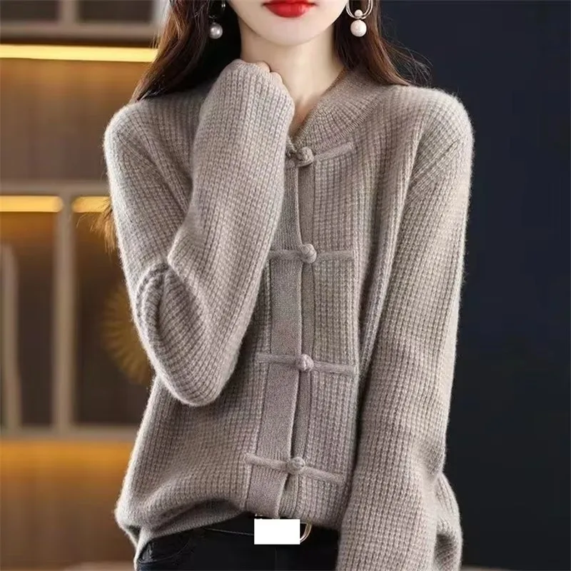 New Autumn Winter Women Knitted Sweater Cardigan Coat Stand Collar Retro Buckle Loose National Style Sweater Jacket Female Top