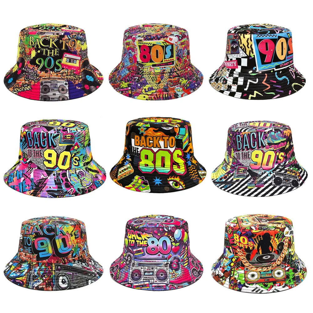 Retro 80s 90s Bucket Hats Fishing Hat for Men Women Rave Access Nostalgic Classic Party Graffiti Panama Cap Outdoor Sun Caps