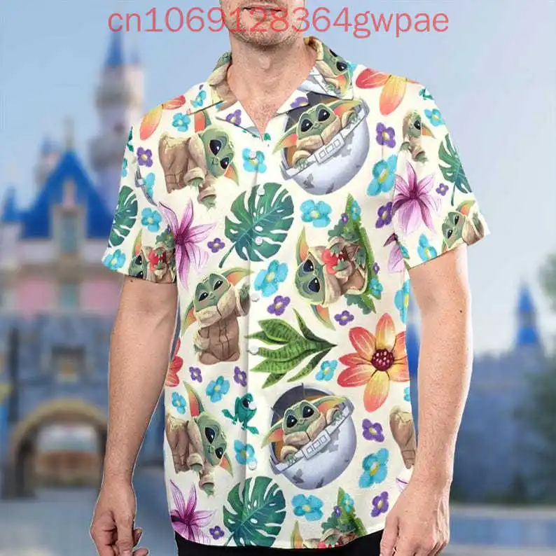 Disney Baby Yoda Button Shirt Movie Hawaiian Shirt Cute Grogu Button Up Men Women Shirt Magic Kingdom Kids Summer Shirt