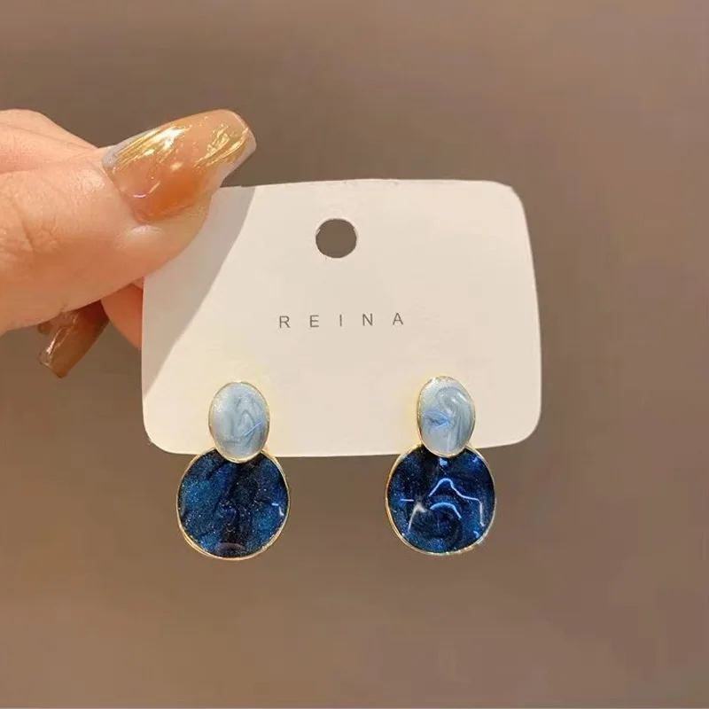 New Korean Fashions Fantasy Klein Blue Geometric Earrings for Women Exquisite Light Luxury Versatile Style Pendant Earring Gifts