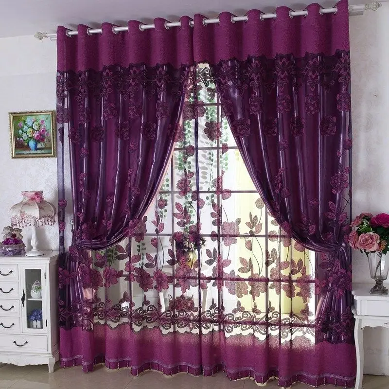 Elegant Double Layer Curtain with Red Gold Floral Embroidery Sheer Voile Inner Lining for Living Room Bedroom Home Decor