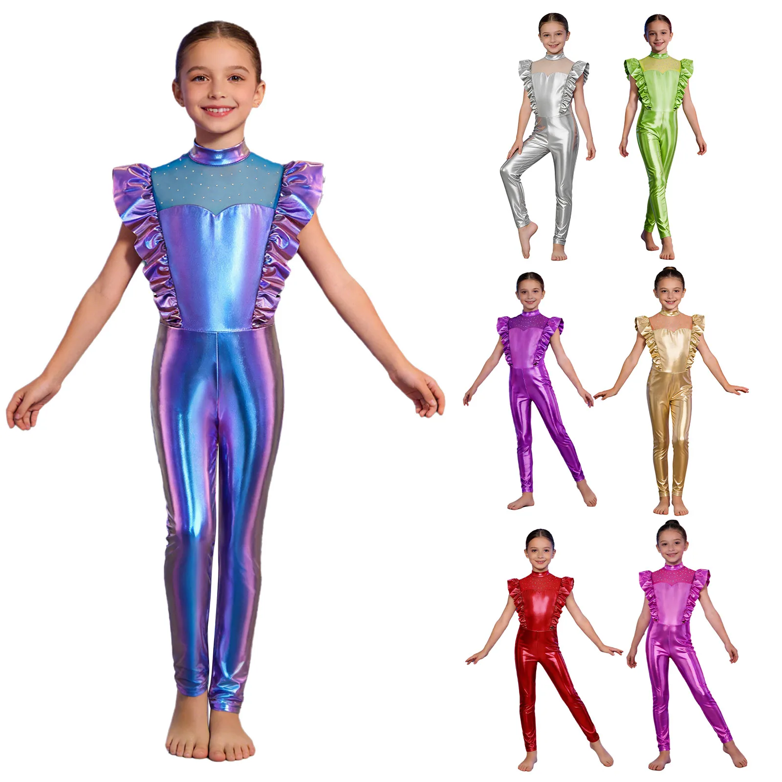 Kids Girls Outerspace Astronaut Alien Robot Cosplay Costume Metallic Ruffled Fly Sleeve Tutu Unitard Jumpsuit for Carnival