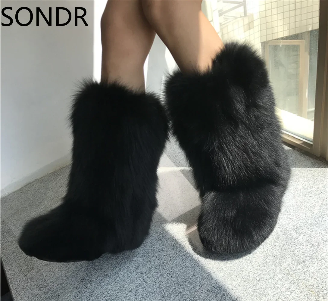 Women\'s Winter Snow Fur Lining Real Fox Fur Trim Furry Mid Calf Boots Thicken Shoes Warm Leopard 6 Colors Custom Made