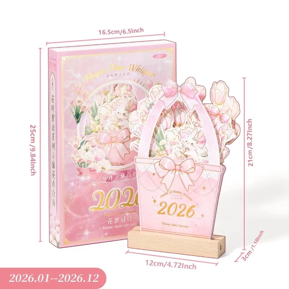 Rilegatura a spirale Fiore fiorito Calendario da tavolo in legno Cartone animato portatile 2026 Calendario da tavolo Pianificatore mensile Mini calendario in piedi