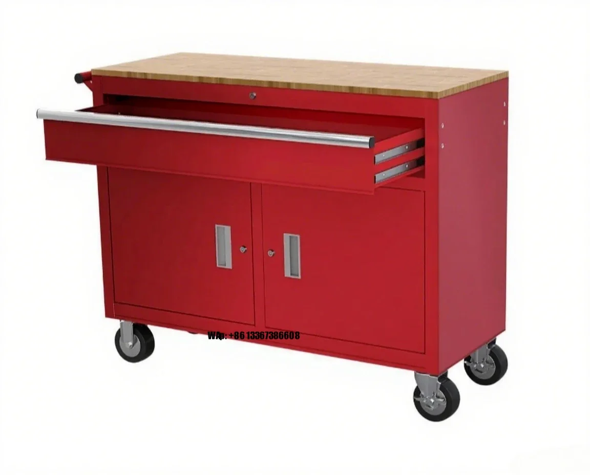In. Mobile Workbench with Solid Wood Top Tool Cabinet Red