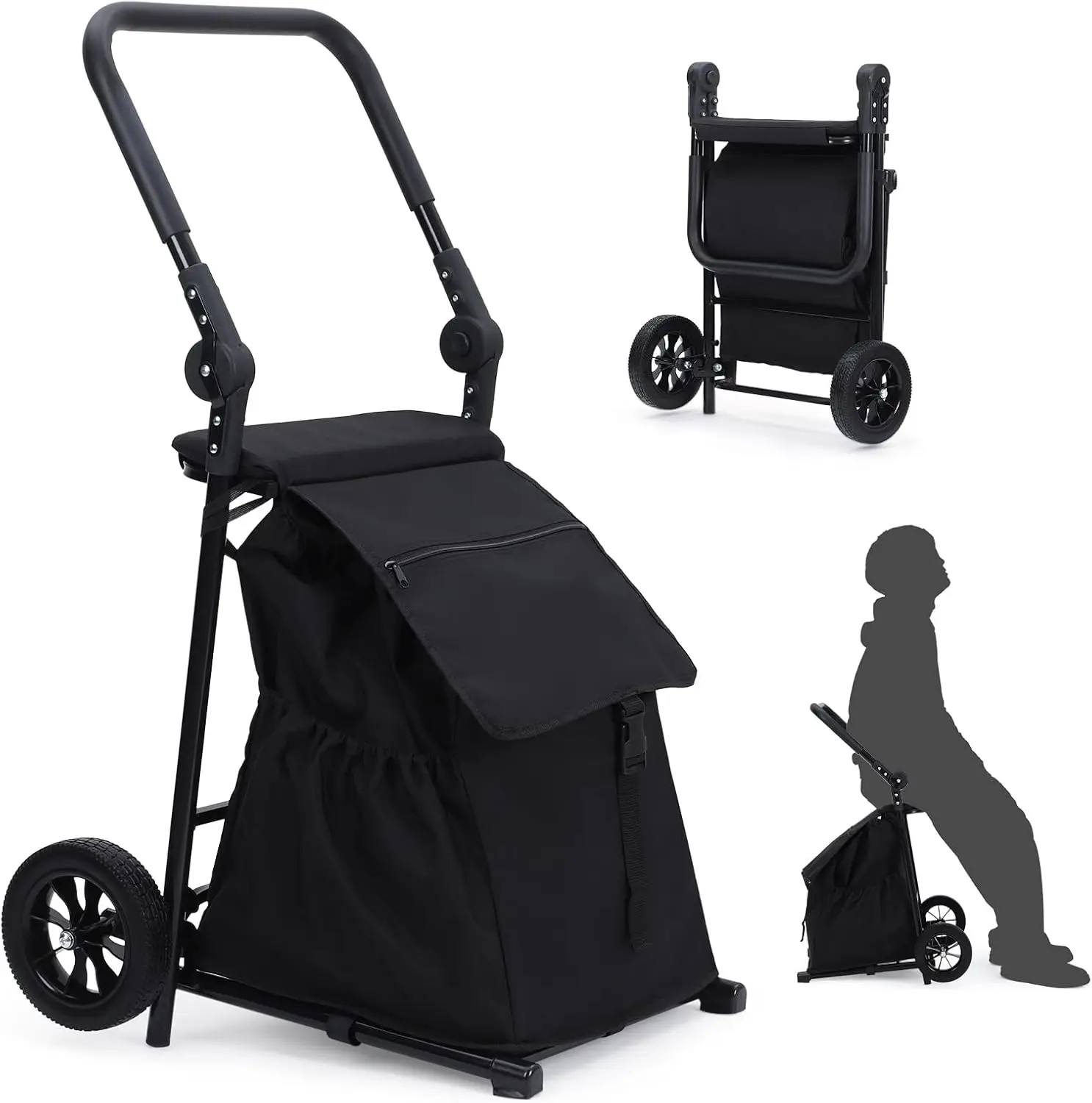 

Foldable Shopping Cart with Seat, 120L Bag & All-Terrain Wheels, Portable Wagon for Groceries and Outdoor Use