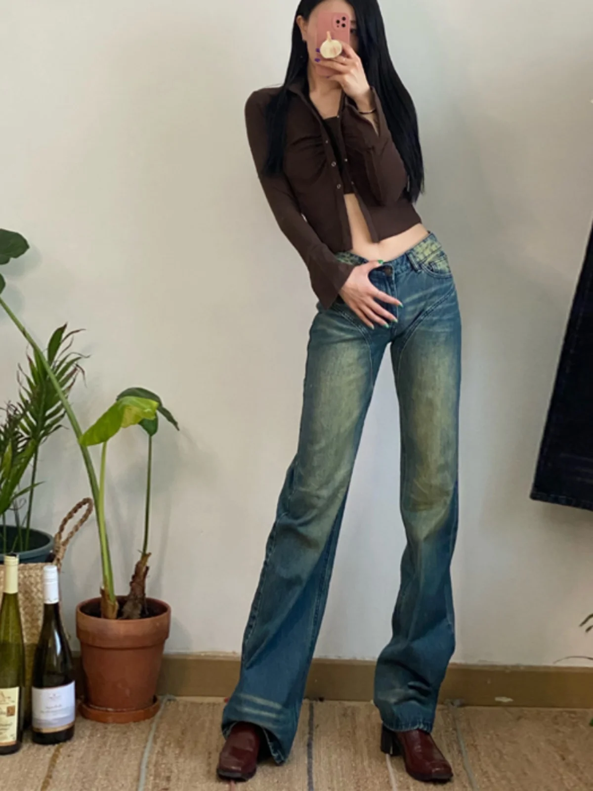 

Retro Distressed Low Waist Straight Leg Jeans Women's Extended Floor Length Pants Hong Kong Style Design Sensation Trousers
