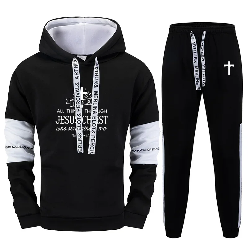

2025 Hot Sale Men's Christ Cross Print Hoodies Sweatpants 2 Piece Set Autumn Daily Casual Sporty Outfit Urban Fashion Sportswear