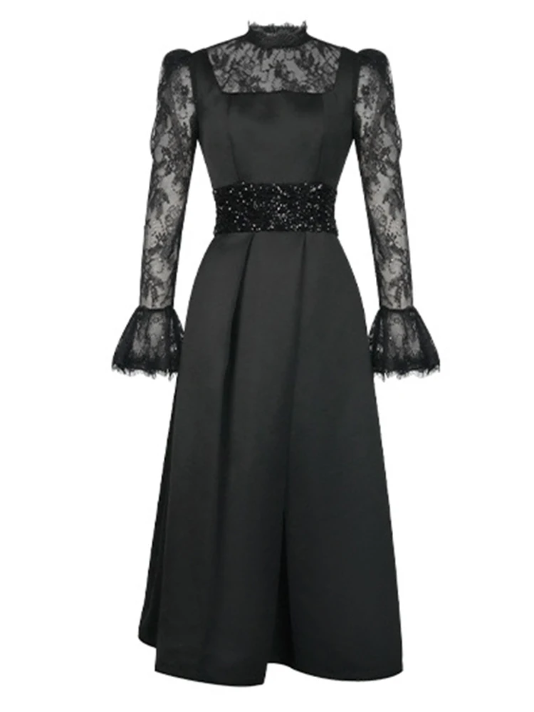 ผู้หญิง Retro ชุดราตรีหรูหราภาษาฝรั่งเศสคําพรหม SHEER Lace Splice เอวสูงขนาดใหญ่ Swing Robe หญิงสีดําเลื่อมปาร์ตี้ ...