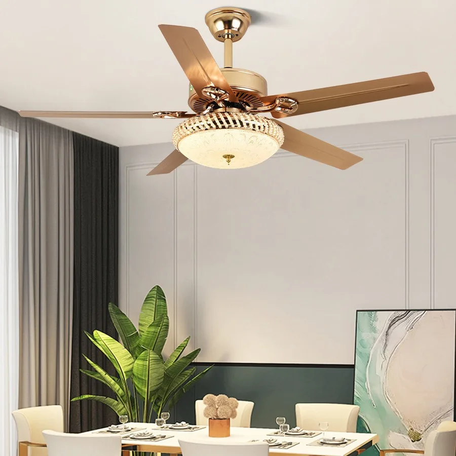 Light Luxury Fan Light Golden European Restaurant Living Room Electric Fan Iron Leaf Variable Frequency Integrated Ceiling Fan