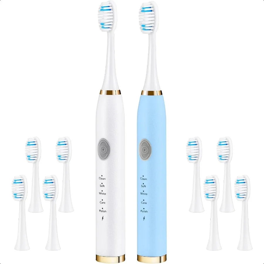 

2 упаковки электрических зубных щеток для взрослых, электрические зубные щетки для путешествий с 8 сменными насадками, 5 режимов, 2 часа заряда на 60 дней