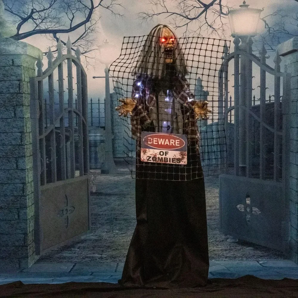 

Life-Size Scary Zombie with Electric Fence, Halloween Animatronic with Touch Activated Lights and Sound, Batte