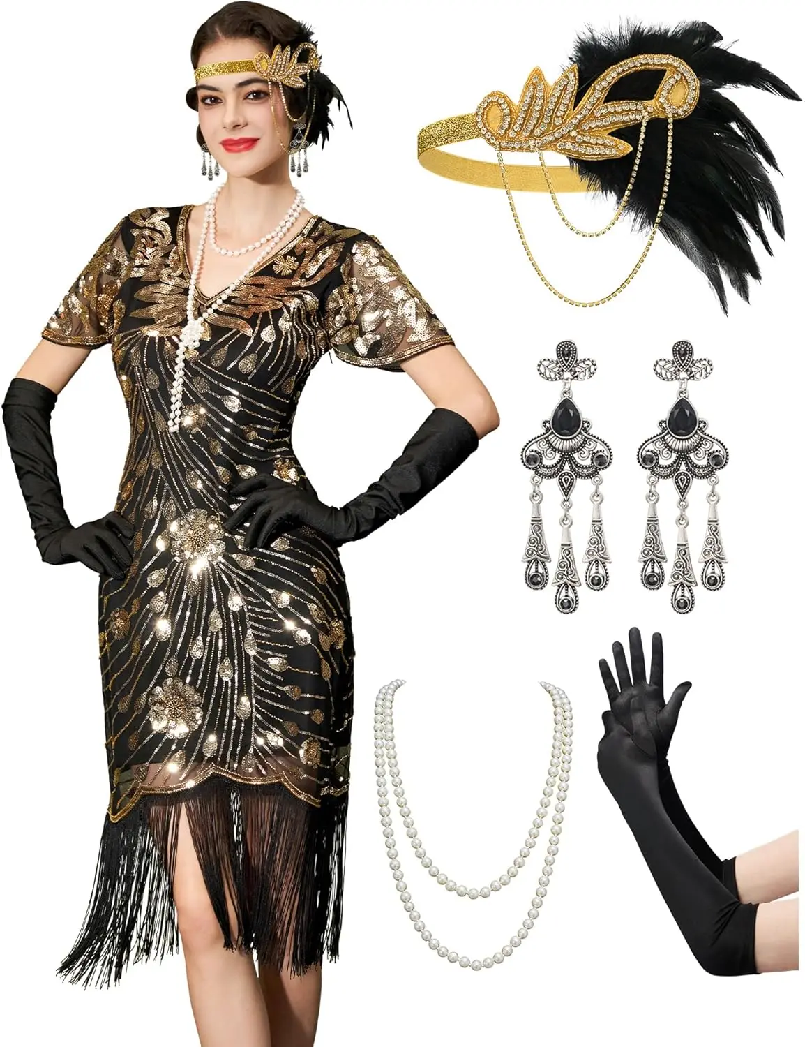 Flapper Jurken jaren 1920, Geweldige Gatsby Jurken voor Vrouwen Fringe Roaring 20s Kostuums met 20s Accessoires voor Harlem Nights