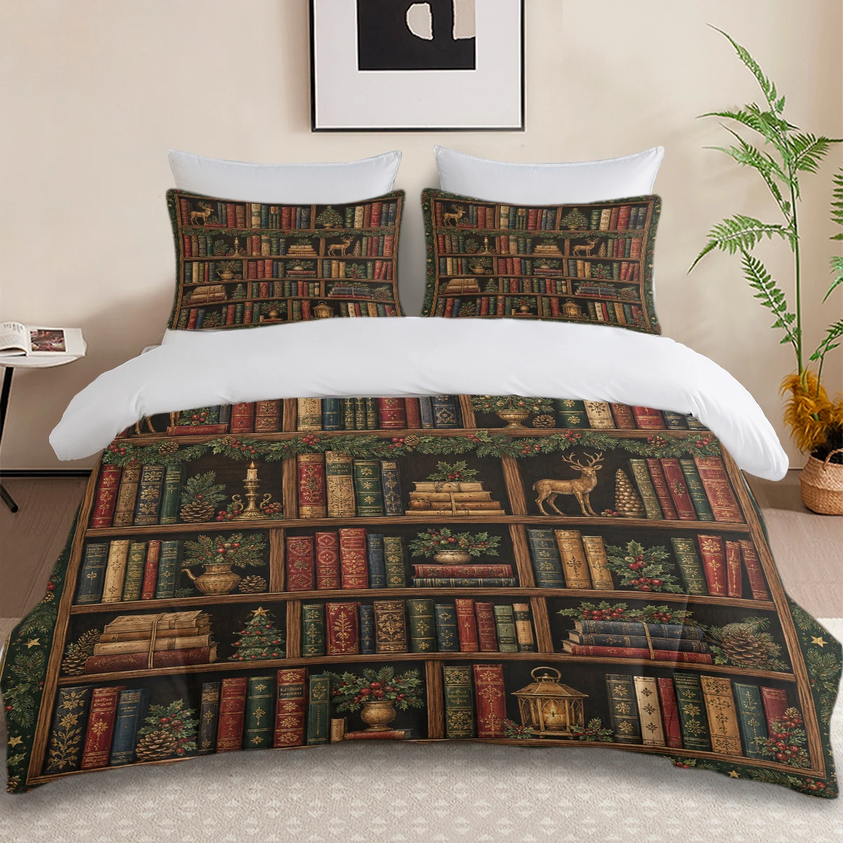 3PCS Vintage Christmas Library Duvet Cover Set,Old Bookshelf Deer Pinecone Holly Patchwork Print Bedding Set With Pillowcases