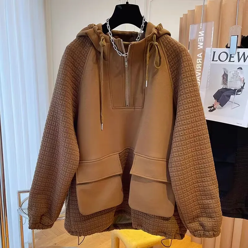 

Women Hoodie Harajuku Korean Version Oversized Solid Color half Zip Up Sweatshirt Female Casual Long Sleeve Pocket Hooded Coats