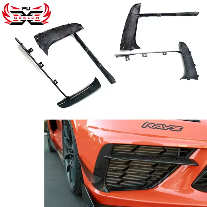 2Pcs Dry Carbon Fiber Front Intake Vents Front canards bumper Light Lamp For Chevrolet Corvette C8