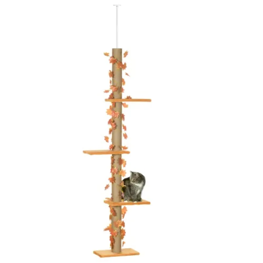 

80-95 Adjustable Tall Cat Tower 3-Level Climbing Towe Sisal Scratching Post Platforms Leaves Orange Indoor Cats