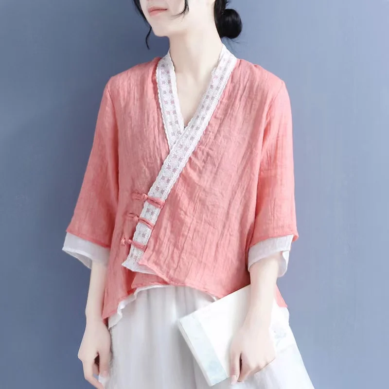 Fashion Woman Blouses 2024Linen Clothing Chinese Traditional Clothes For Women Vintage Top Female Chinoiserie Summer Tang Suit