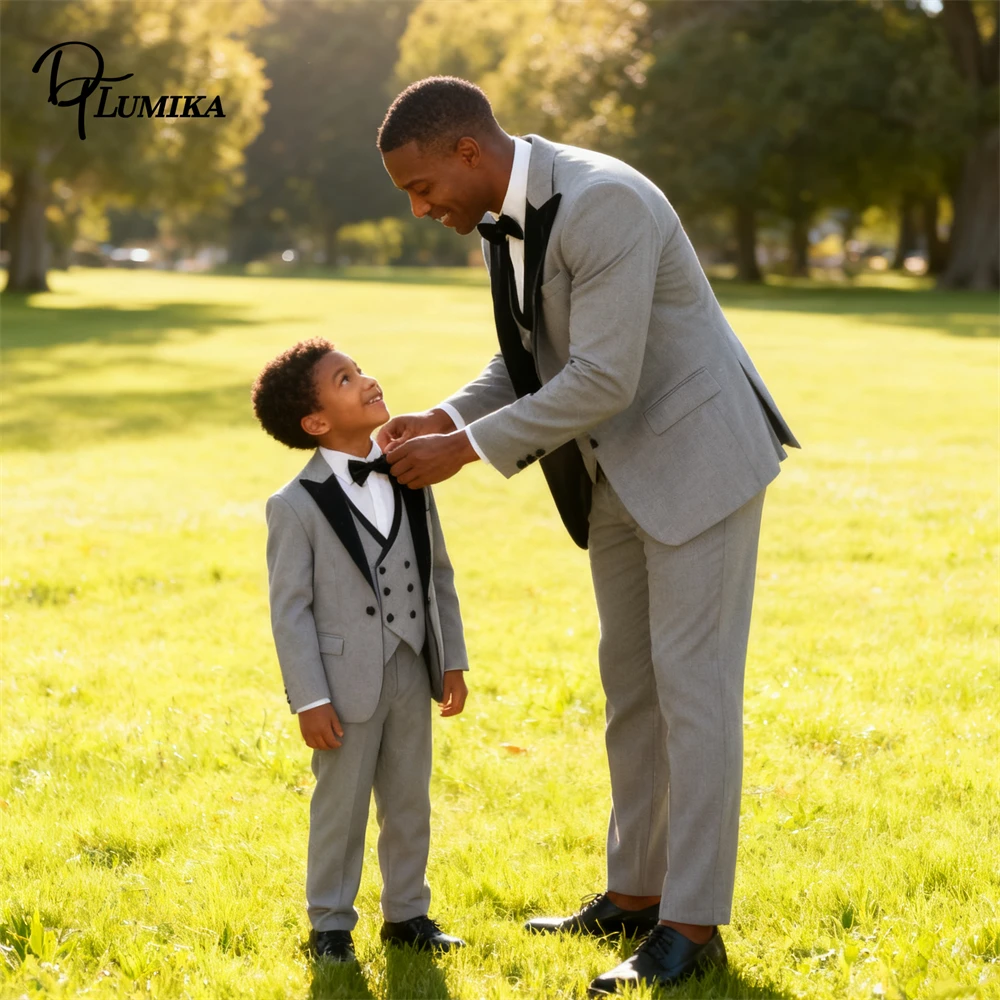 Velvet Collar Formal Commnion Suit Set for Men & Son, One Button Jacket Vest Pants Anniversary Tuxedo Men Toddler Plus Size Suit