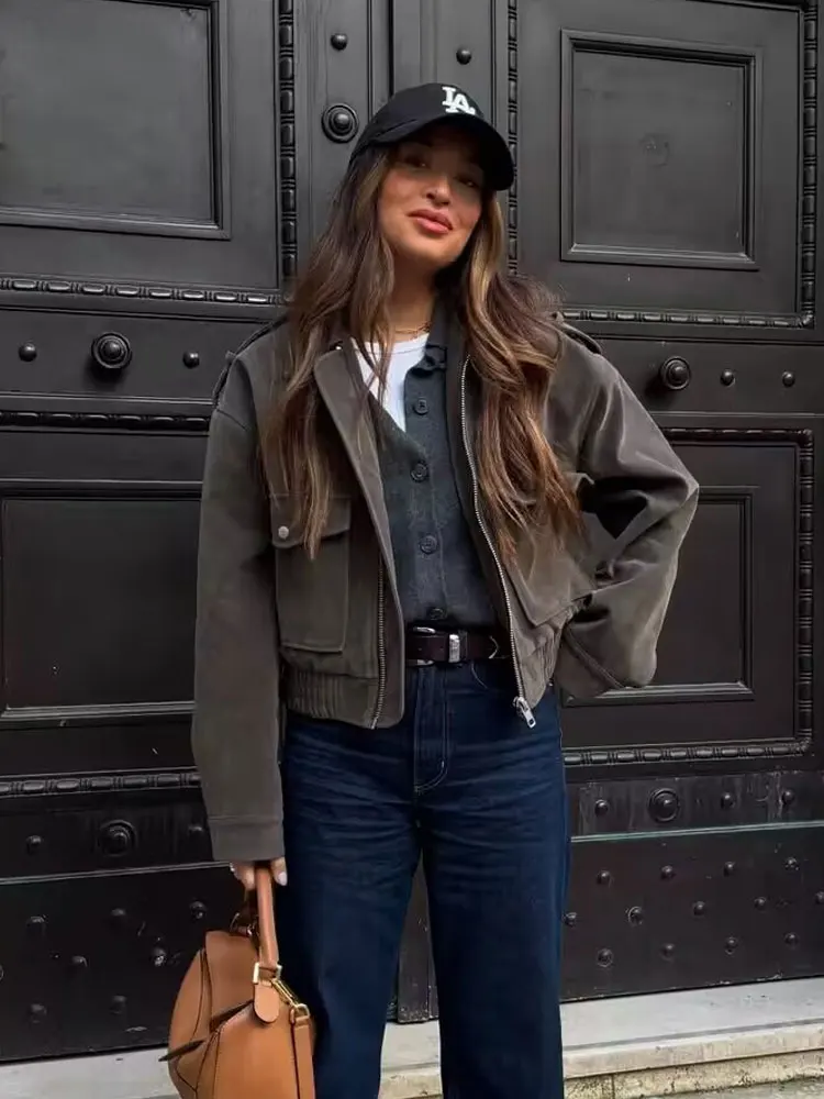 

HH 2025 Autumn Female Suede Coat Long Sleeves Trendy Zipper With Pockets Causal Solid Lapel Jackets Women's Vintage Outerwear