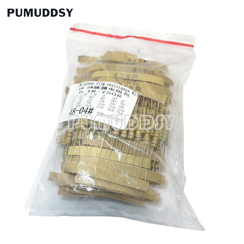 300PCS Resistor Kit 1W 5% 30values X 10PCS Carbon Film Resistance 0.1-750 Ohm Set PUMUDDSY