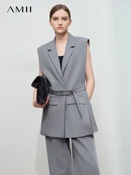 AMII Minimalist Vest Women 2025 Autumn New Senior Office Lady Belt Suit Collar Loose Padded Shoulder Mid Length Tops 12541055