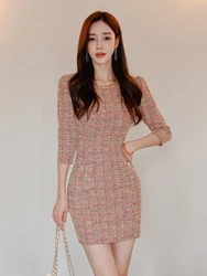 New Autumn Winter Elegant Short Dresses For Women Lady Formal Tweed Retro Sexy O-Neck Wrap Hip Mini Mujer Vestido Street Clothes
