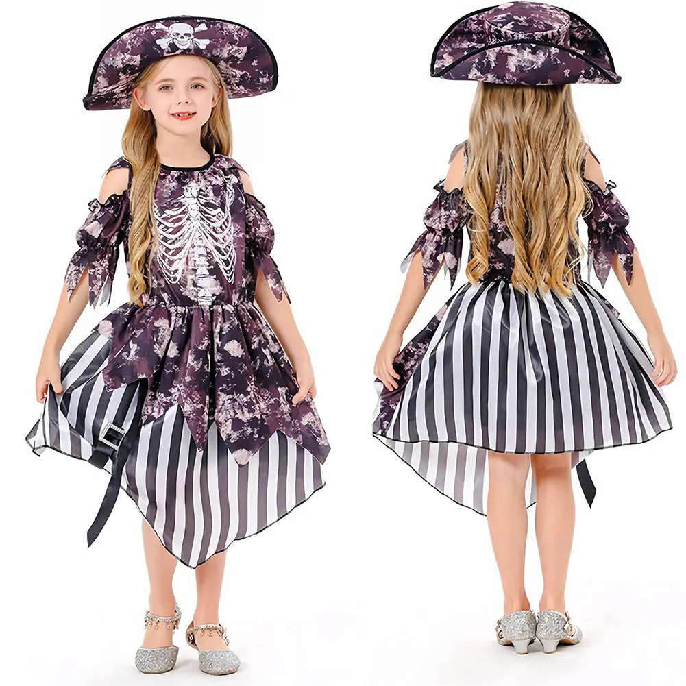 Disguise Horror Scary Pirate Cosplay Child Boys Girls Skull Printed Clothing Stage Costume Kids Roleplay  Fancy Party Cloth