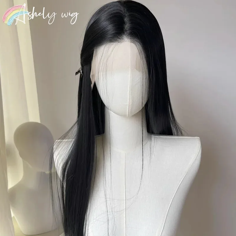 Peruca preta 26 polegadas 13x4 peruca dianteira do laço para mulheres lolita perucas sintéticas cabelo preto para uso diário cosplay festa fibra resistente ao calor