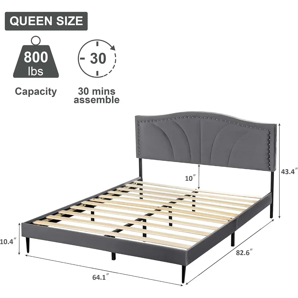 Queen Size Bed Frame,Velvet Upholstered Platform Bed with Decorative Flower Line & Nailhead Trim Headboard with Wood Slat Suppor