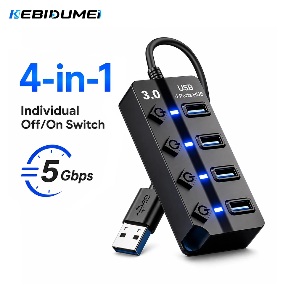 KEBIDUMEI 4 Ports USB 3.0 Hub with Individual On/Off Switches USB 3.0 5Gbps High Speed Multi Splitter for Mouse Keyboard MacBook