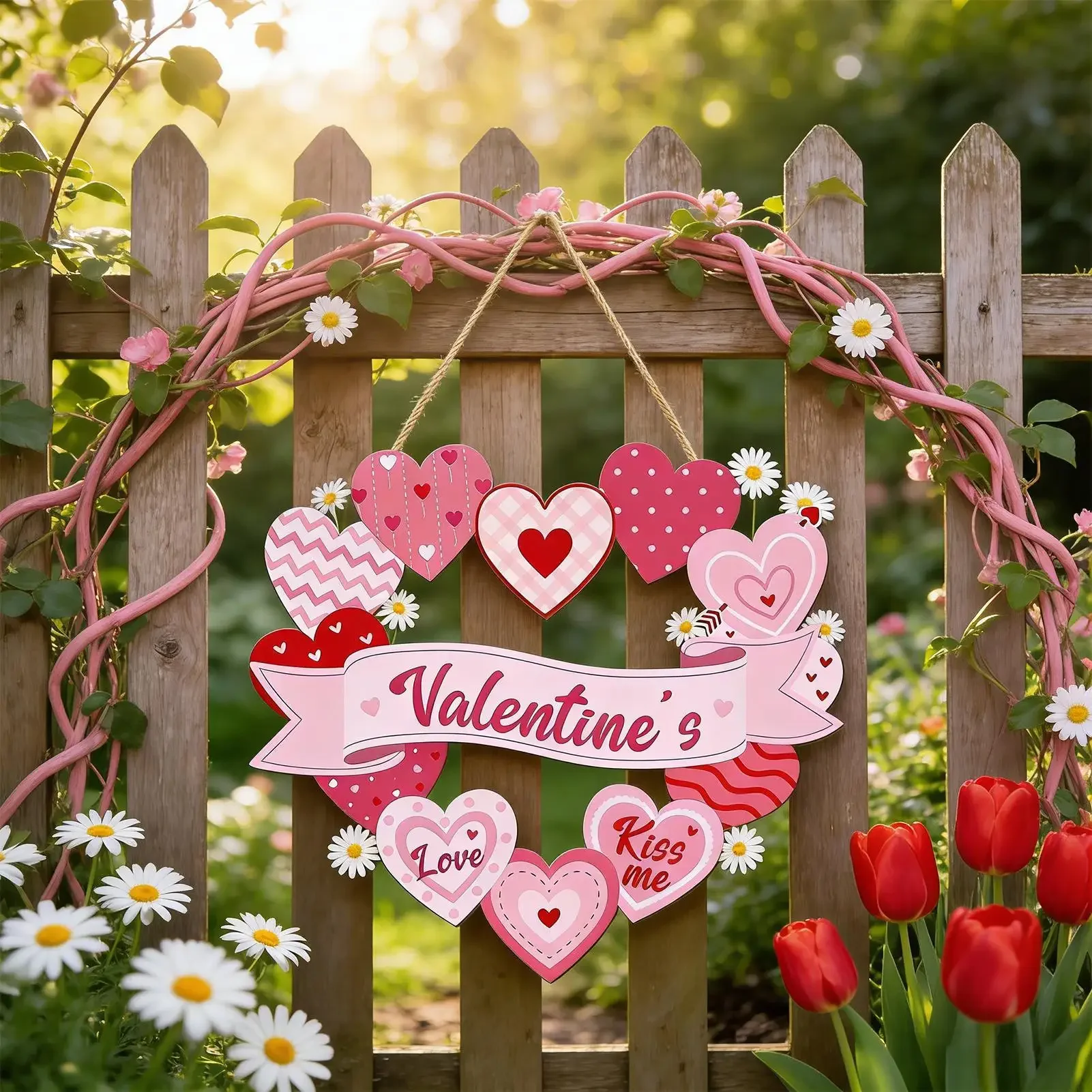 Valentine Door Hanger Wood Love Heart Porch Sign Decor Holiday Front Door Hanger for Outdoor Indoor Living Room Store Cafe Party