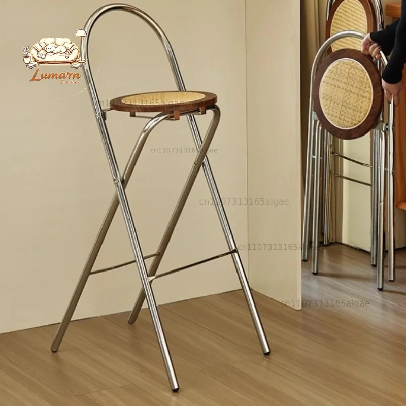 Folding high stool, back chair, solid wood rattan high chair can be stacked for home use