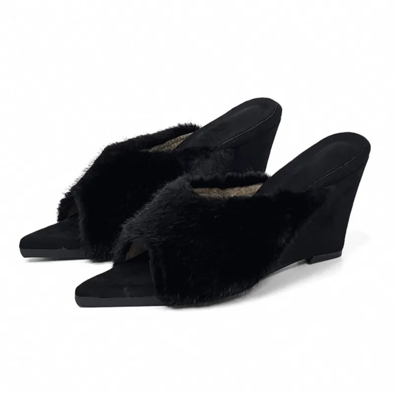 

Fall Winter Plush Wedge Slippers Woman Pointed Open Toe High Heels Mules Fashion Outdoor Non-Slip Comfortable Fluffy Slippers