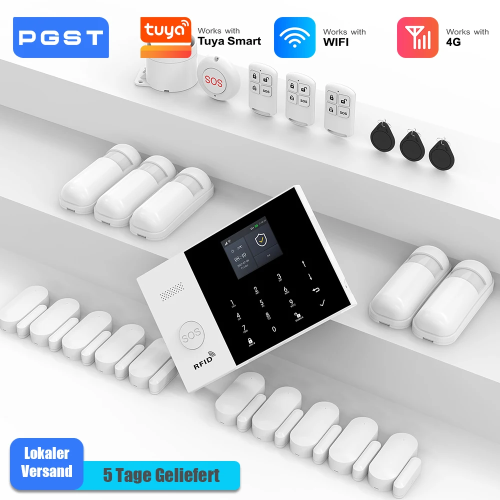 PGST intelligente Einbruchmelder Komplettset WiFi 4G Works with Tuya Smart Life kabellose Heim Sicherheit Fernsteuerung per App Öffnungssensoren ohne laufende Kosten