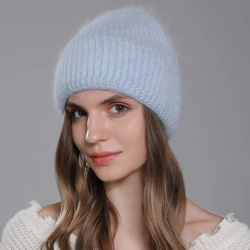 CNTANG 2024 Trend Women Hat Winter Warm Angora Long Rabbit Fur Beanies Knitted Cashmere Hats For Female Fashion Ladies Cap